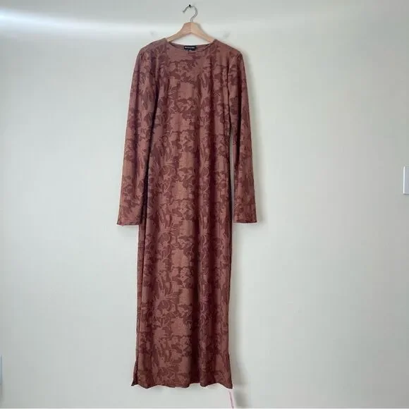 Pretty Little Thing Mocha Floral Sheer Burnout Maxi Dress Long Sleeve NEW Sz 12 - Picture 3 of 9